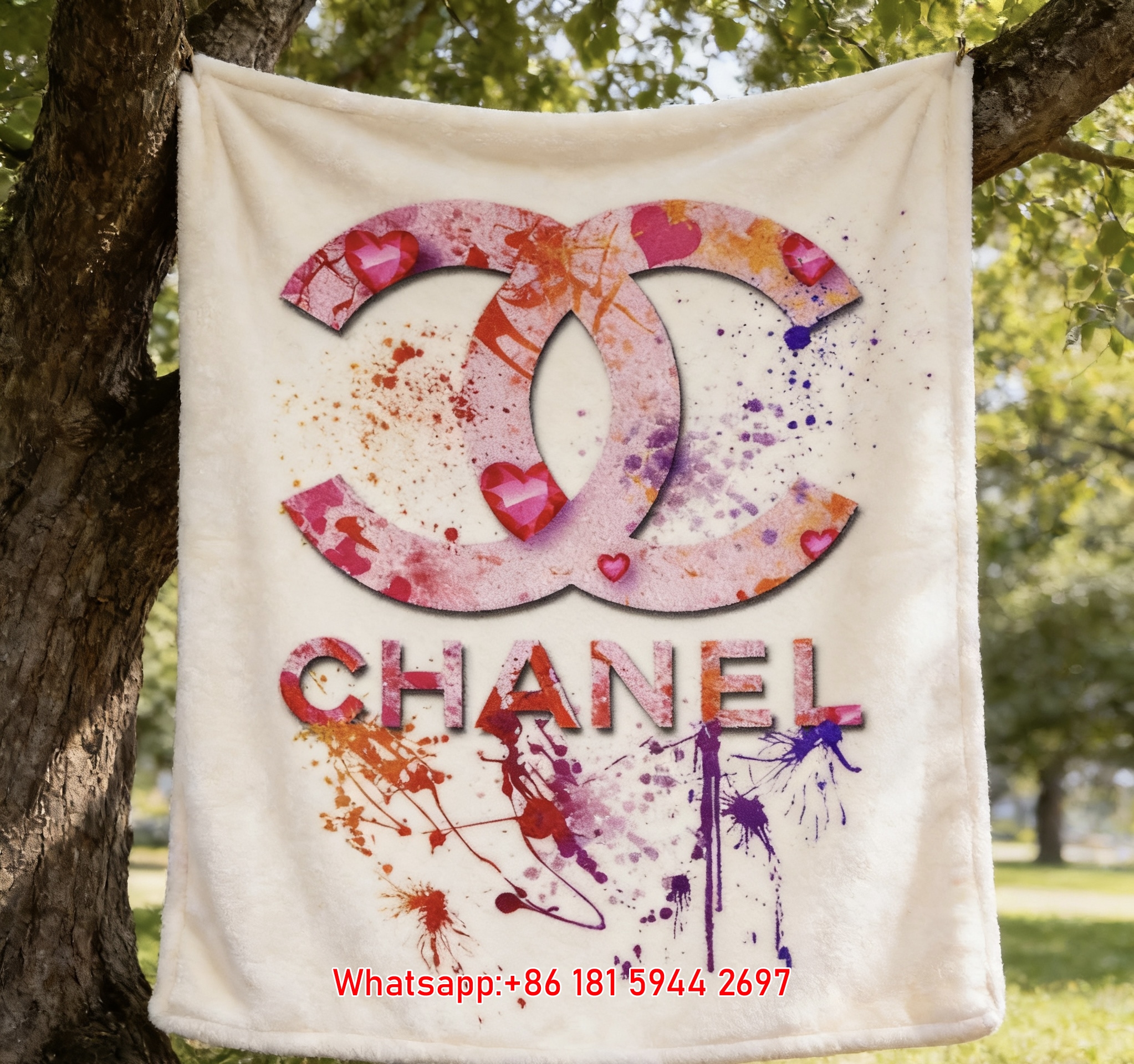 Chanel Pink Heart & Paint Splatter CC Logo Flannel Sofa Throw Blanket IMG_7027